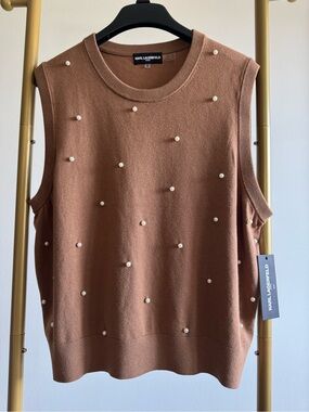 Karl Lagerfeld Brown Pearl-Embellished Sleeveless Knit Tank